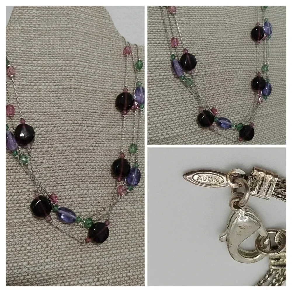 Vintage Avon 14" Silver Tone Triple strand Necklace Glass Beads Lobster Clasp